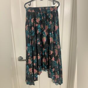 Misa Los Angeles Asymmetrical Floral Skirt Black Teal Pink Tea Length Pleated M
